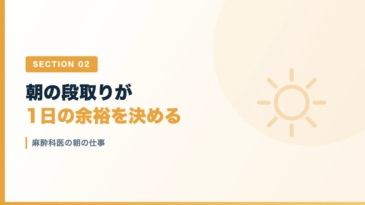 麻酔科医の朝の準備と情報確認を表すバナー画像