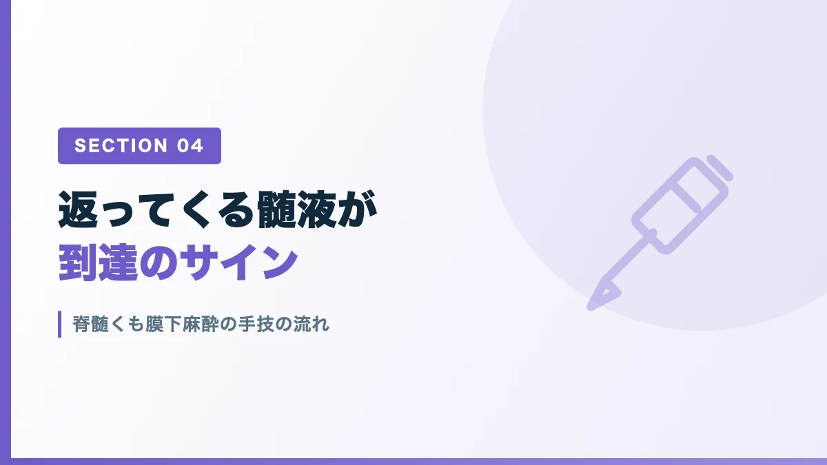 脊髄くも膜下麻酔の手技と髄液の確認を表すバナー画像