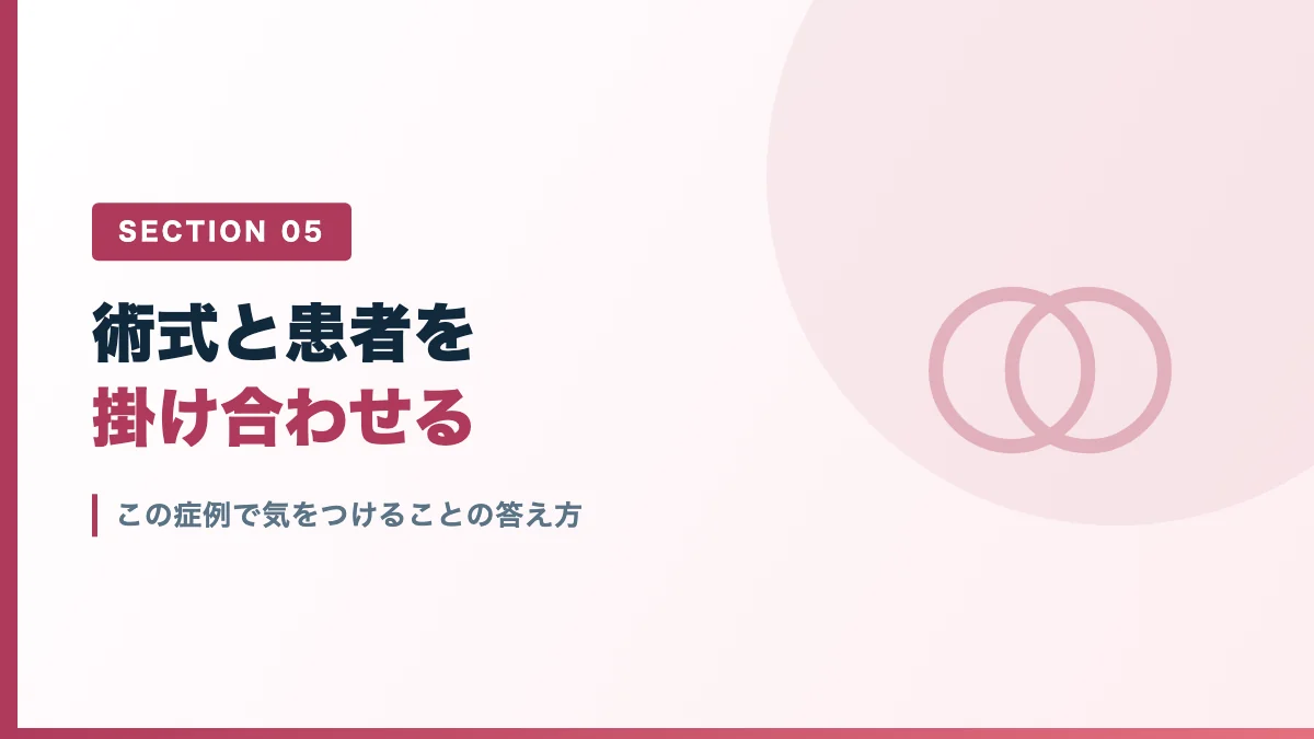 この症例で気をつけることの答え方を表すバナー画像
